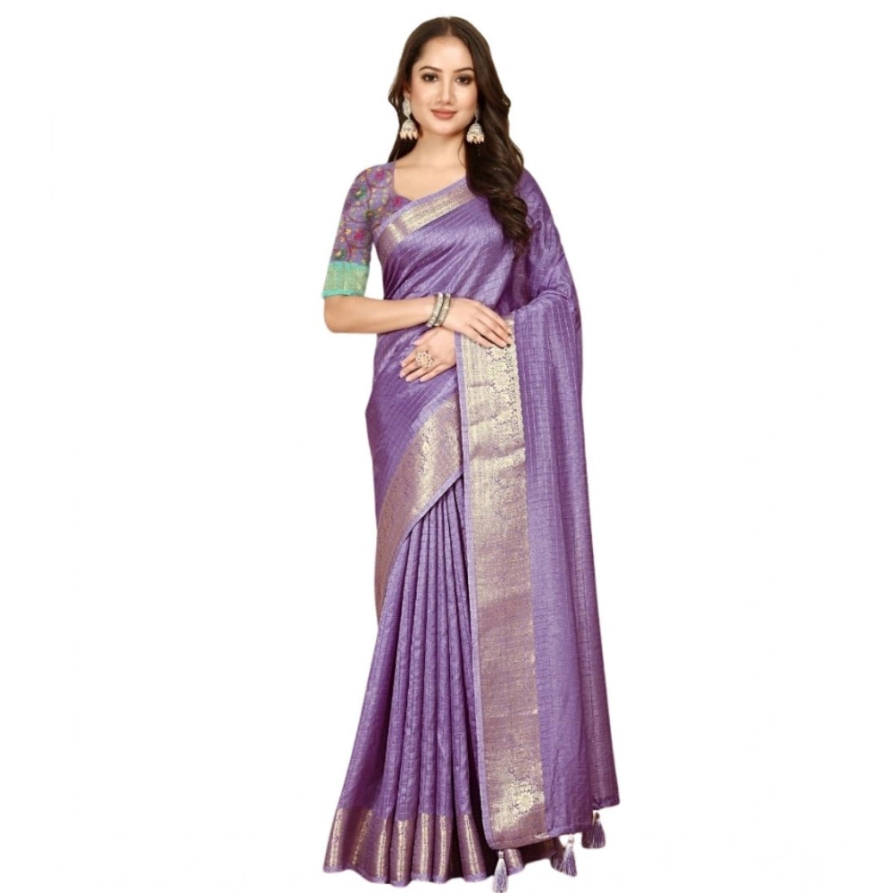 Amfyn Women's Cotton Blend Checkered Saree With Unstitched Blouse 5.5Mtr (Purple)
