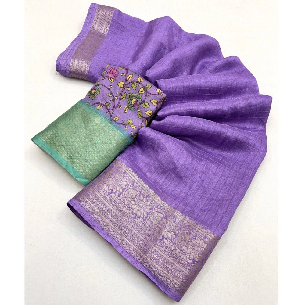 Amfyn Women's Cotton Blend Checkered Saree With Unstitched Blouse 5.5Mtr (Purple)
