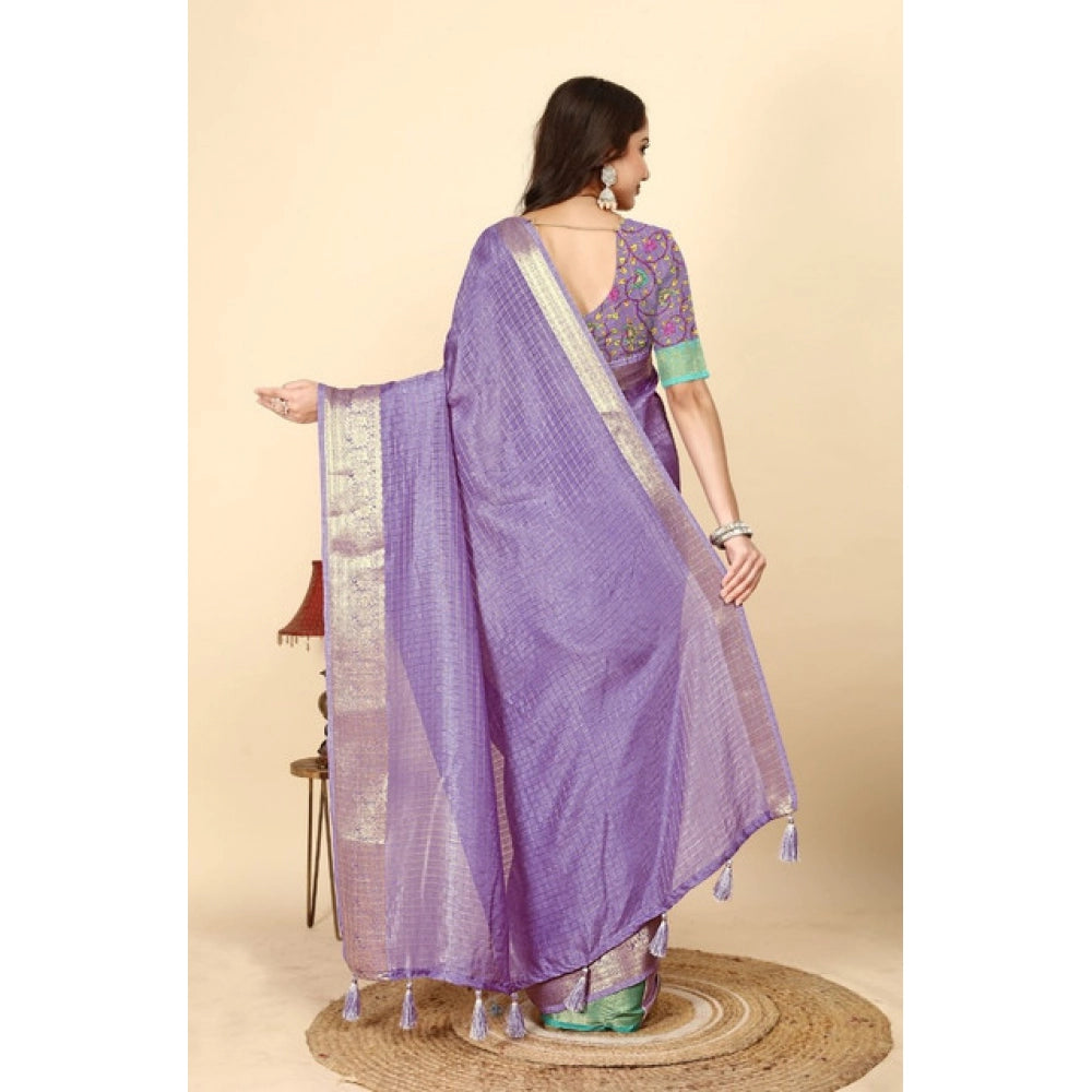 Amfyn Women's Cotton Blend Checkered Saree With Unstitched Blouse 5.5Mtr (Purple)