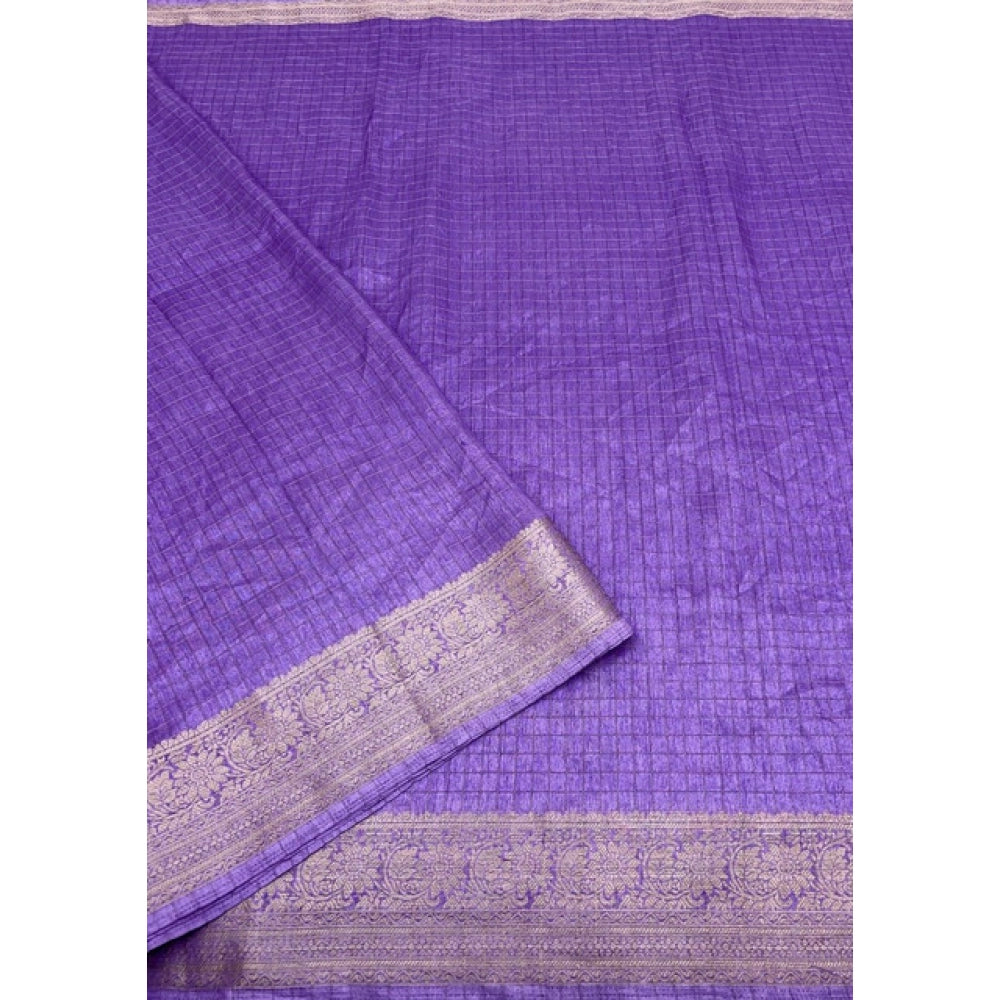 Amfyn Women's Cotton Blend Checkered Saree With Unstitched Blouse 5.5Mtr (Purple)