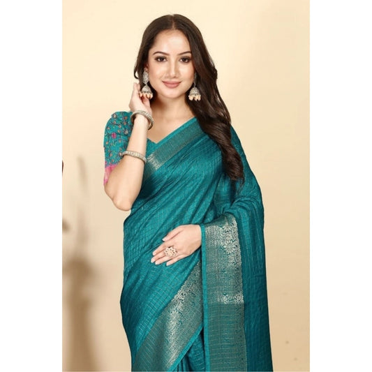 Amfyn Women's Cotton Blend Checkered Saree With Unstitched Blouse 5.5Mtr (Rama)