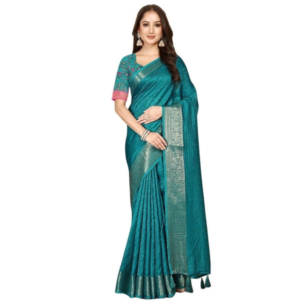 Amfyn Women's Cotton Blend Checkered Saree With Unstitched Blouse 5.5Mtr (Rama)