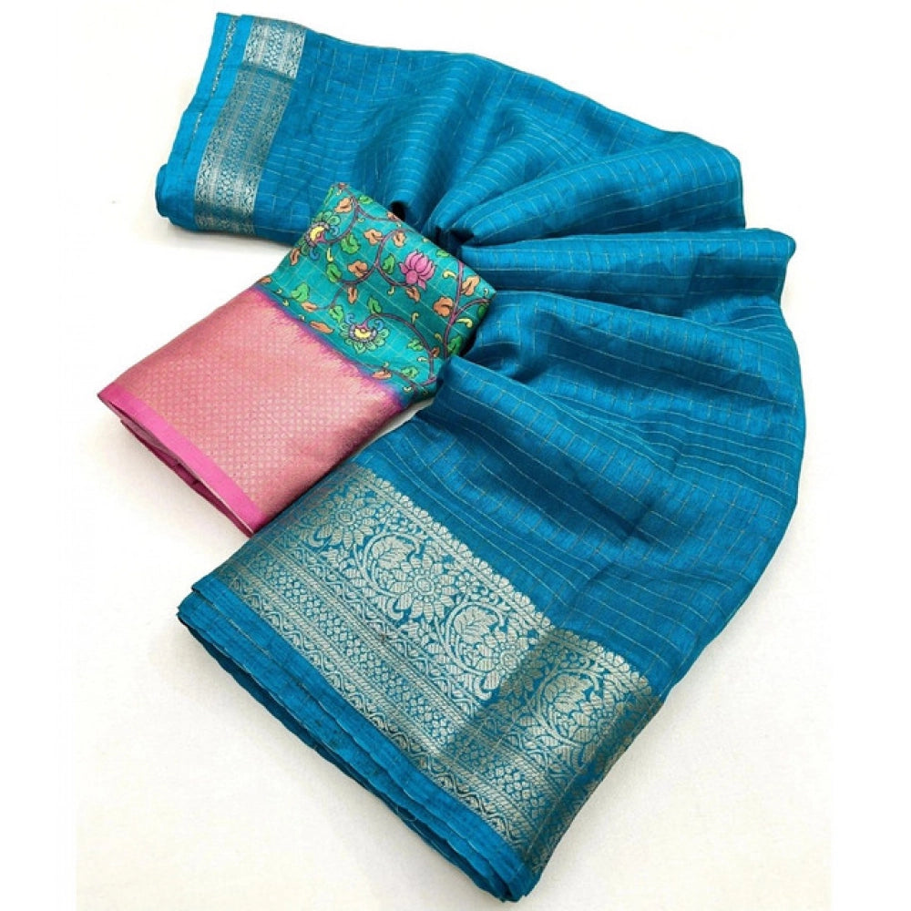 Amfyn Women's Cotton Blend Checkered Saree With Unstitched Blouse 5.5Mtr (Rama)