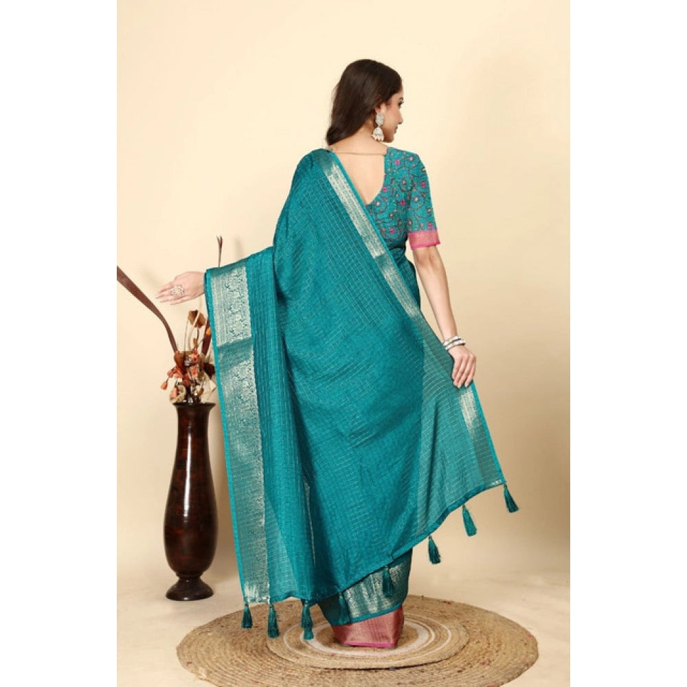 Amfyn Women's Cotton Blend Checkered Saree With Unstitched Blouse 5.5Mtr (Rama)