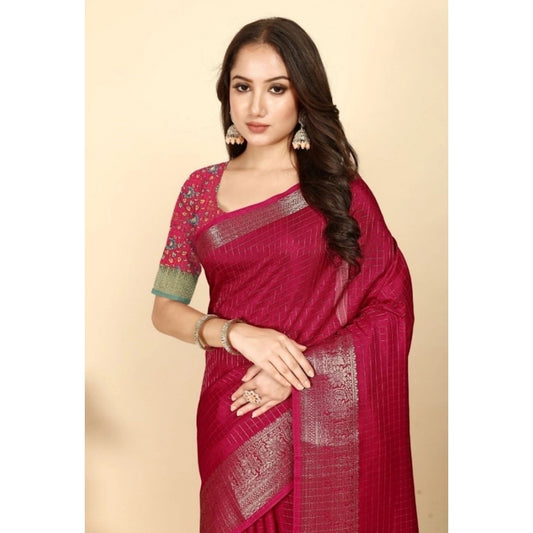 Amfyn Women's Cotton Blend Checkered Saree With Unstitched Blouse 5.5Mtr (Red)