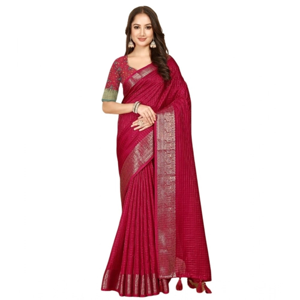 Amfyn Women's Cotton Blend Checkered Saree With Unstitched Blouse 5.5Mtr (Red)