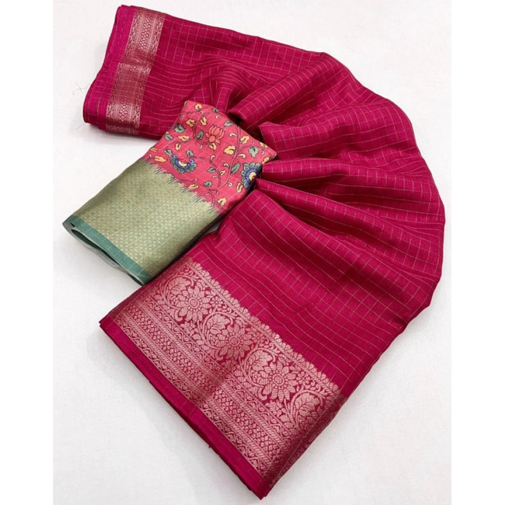 Amfyn Women's Cotton Blend Checkered Saree With Unstitched Blouse 5.5Mtr (Red)