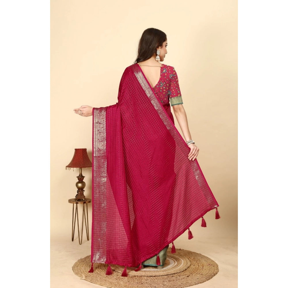 Amfyn Women's Cotton Blend Checkered Saree With Unstitched Blouse 5.5Mtr (Red)