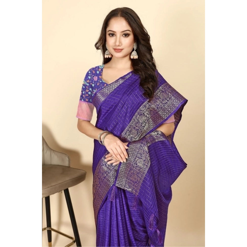 Amfyn Women's Cotton Blend Checkered Saree With Unstitched Blouse 5.5Mtr (Royal Blue)