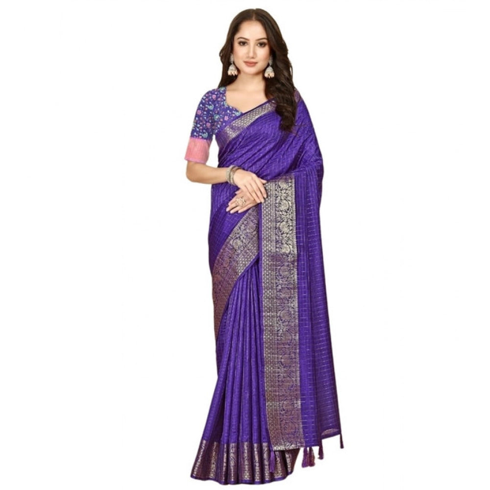 Amfyn Women's Cotton Blend Checkered Saree With Unstitched Blouse 5.5Mtr (Royal Blue)