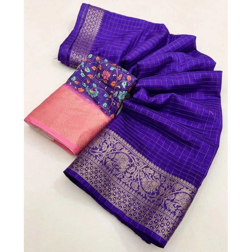 Amfyn Women's Cotton Blend Checkered Saree With Unstitched Blouse 5.5Mtr (Royal Blue)