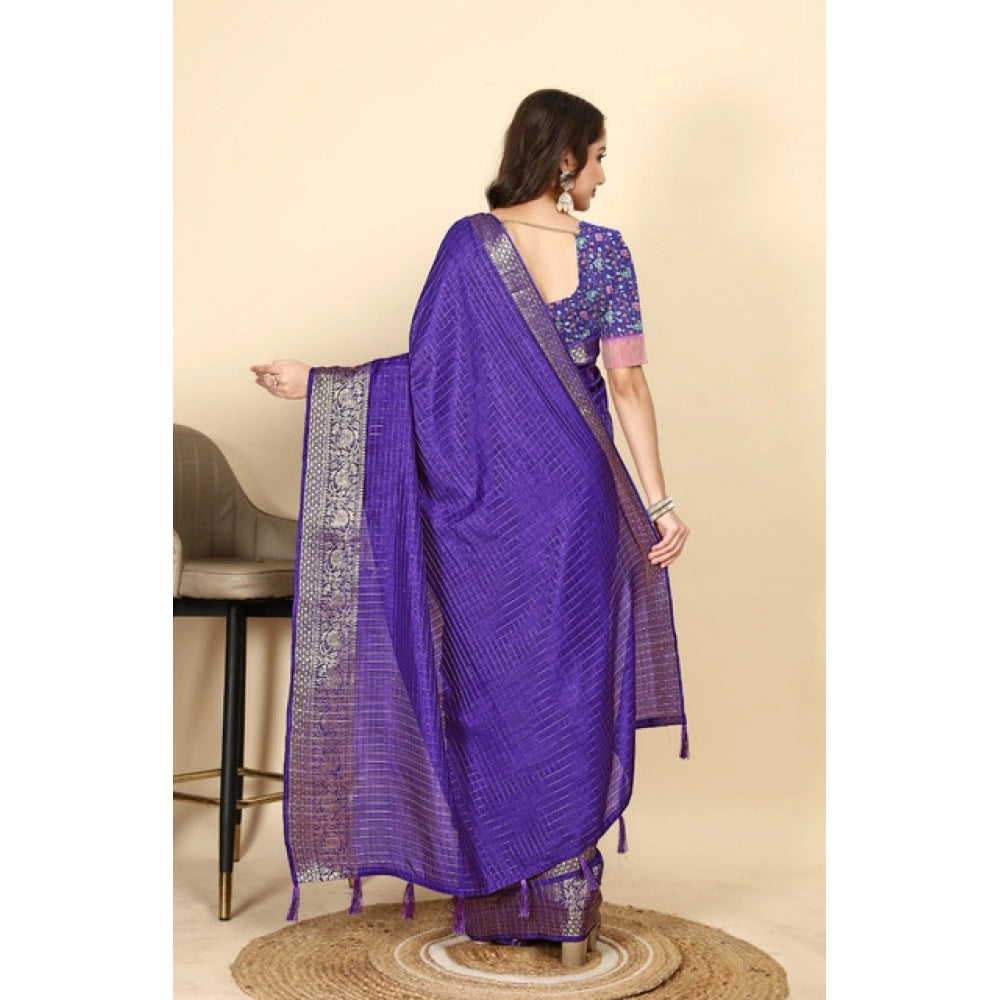 Amfyn Women's Cotton Blend Checkered Saree With Unstitched Blouse 5.5Mtr (Royal Blue)