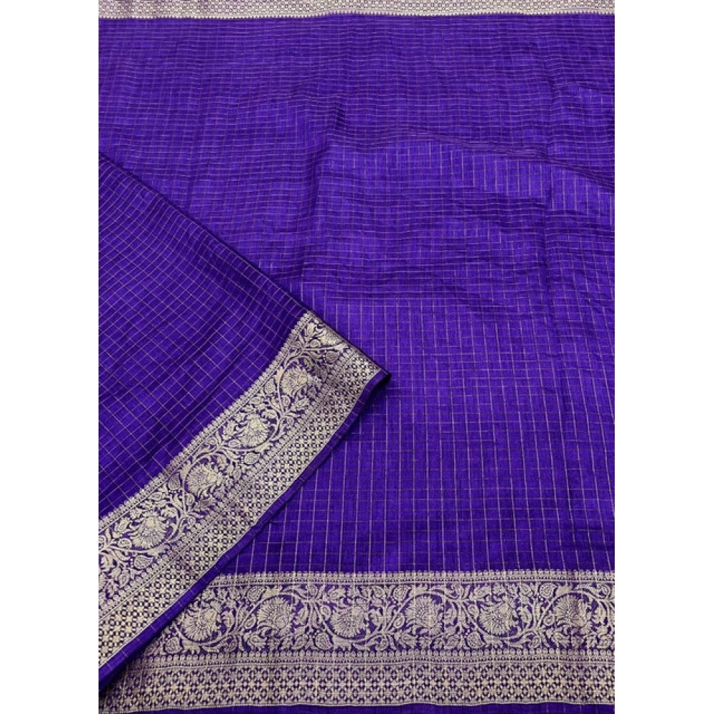 Amfyn Women's Cotton Blend Checkered Saree With Unstitched Blouse 5.5Mtr (Royal Blue)