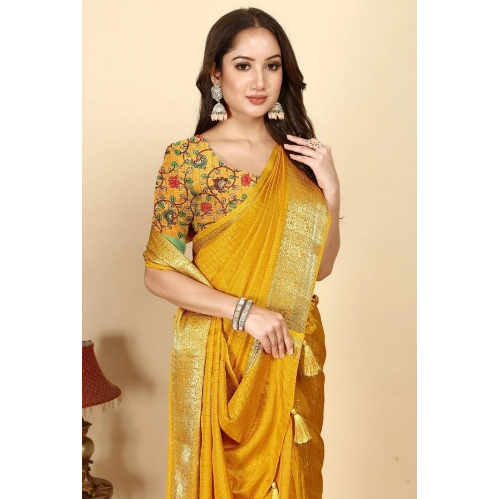 Amfyn Women's Cotton Blend Checkered Saree With Unstitched Blouse 5.5Mtr (Yellow)