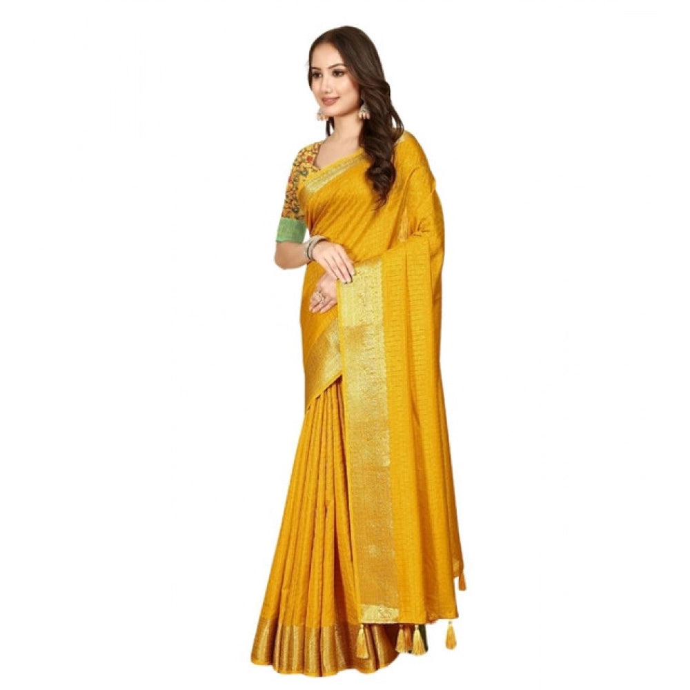 Amfyn Women's Cotton Blend Checkered Saree With Unstitched Blouse 5.5Mtr (Yellow)