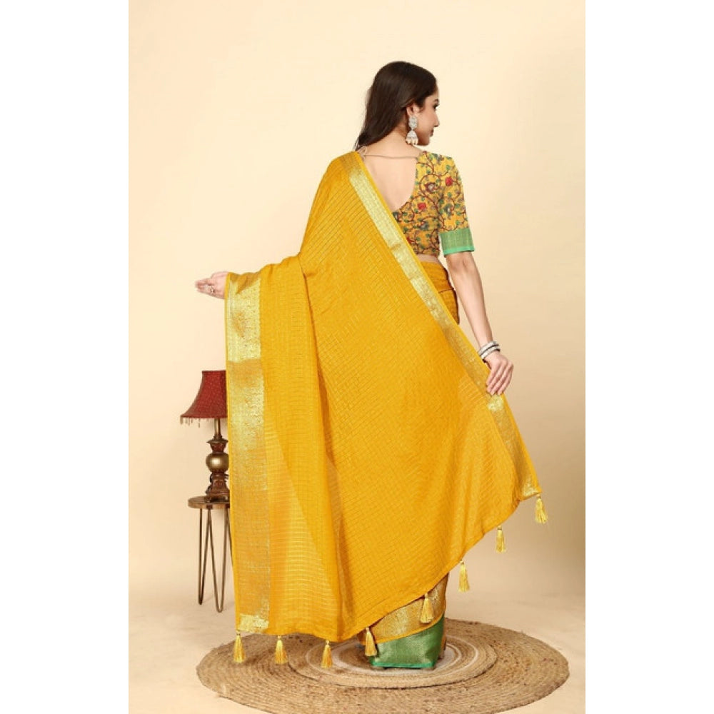 Amfyn Women's Cotton Blend Checkered Saree With Unstitched Blouse 5.5Mtr (Yellow)