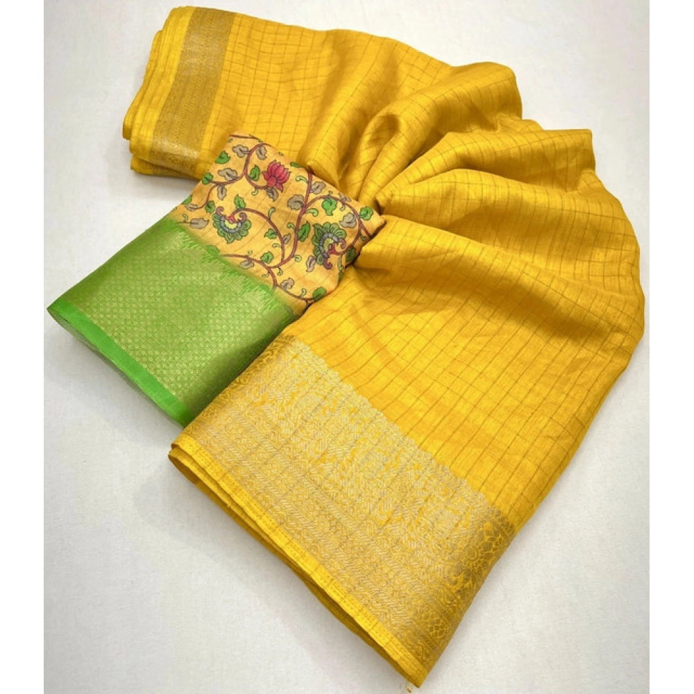 Amfyn Women's Cotton Blend Checkered Saree With Unstitched Blouse 5.5Mtr (Yellow)