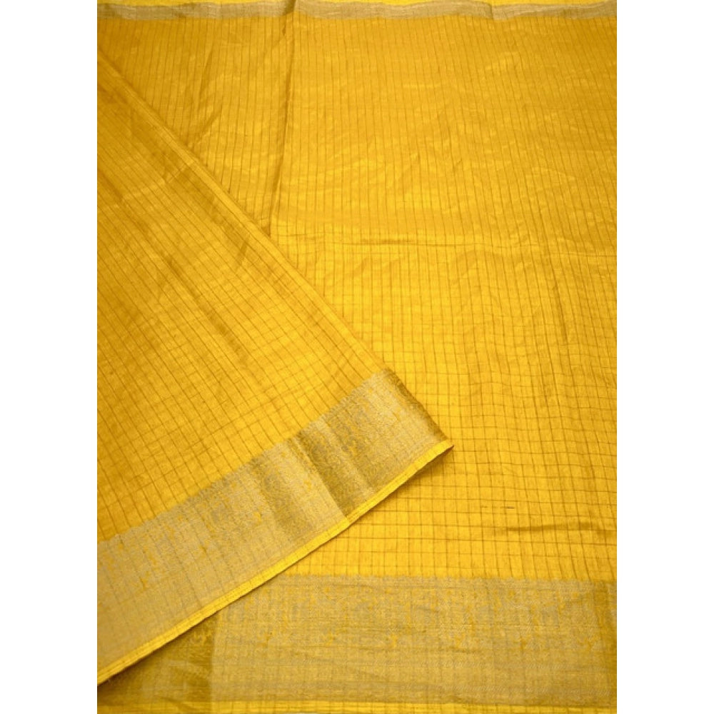 Amfyn Women's Cotton Blend Checkered Saree With Unstitched Blouse 5.5Mtr (Yellow)