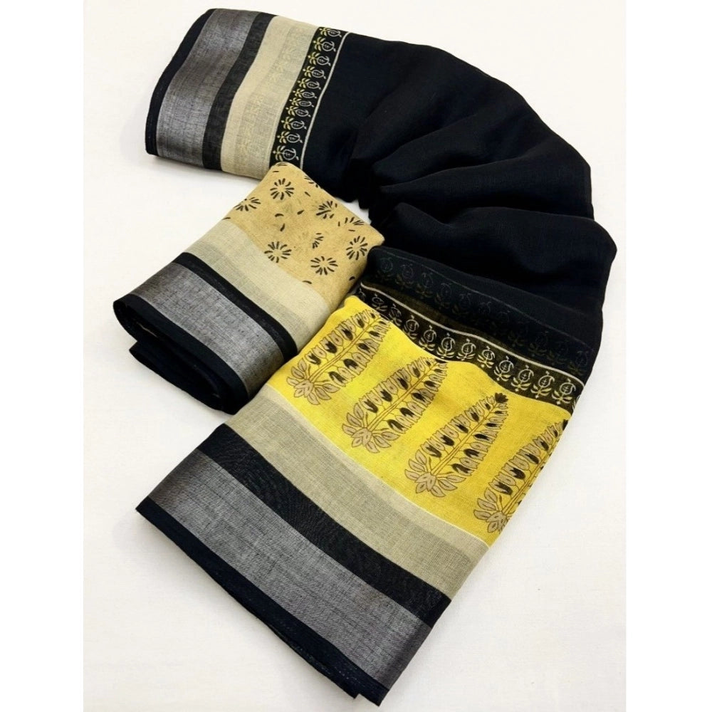 Amfyn Women's Cotton Linen Printed Saree With Unstitched Blouse 5.5Mtr (Black)