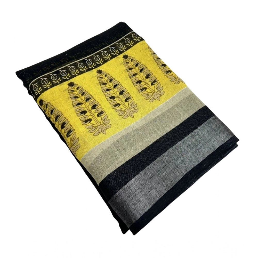 Amfyn Women's Cotton Linen Printed Saree With Unstitched Blouse 5.5Mtr (Black)