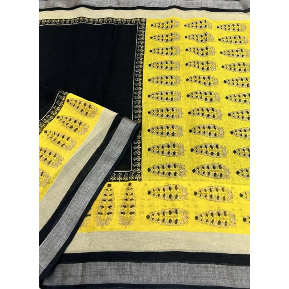 Amfyn Women's Cotton Linen Printed Saree With Unstitched Blouse 5.5Mtr (Black)