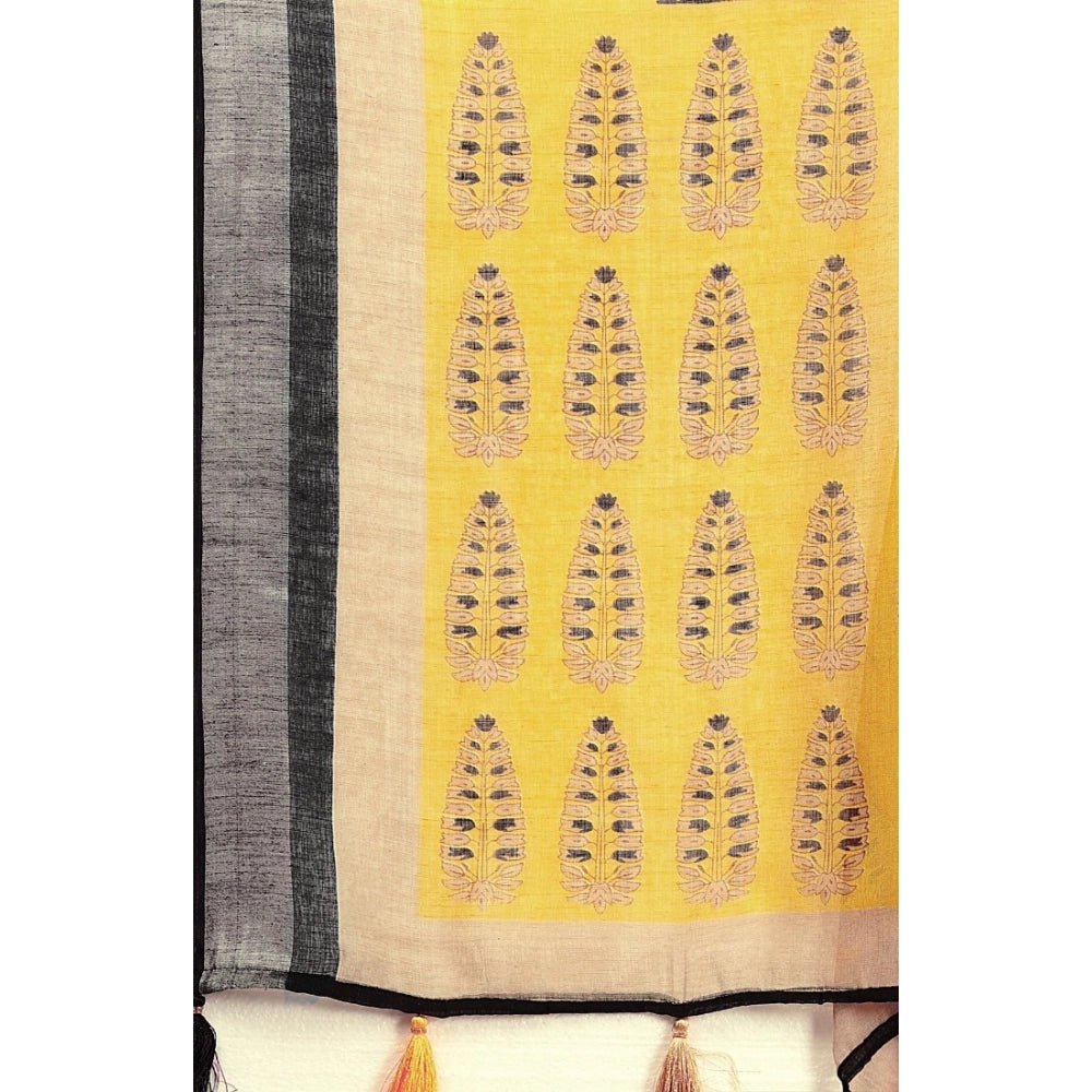 Amfyn Women's Cotton Linen Printed Saree With Unstitched Blouse 5.5Mtr (Black)