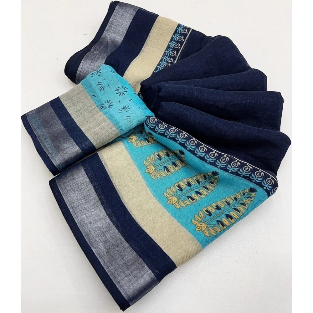 Amfyn Women's Cotton Linen Printed Saree With Unstitched Blouse 5.5Mtr (Blue)