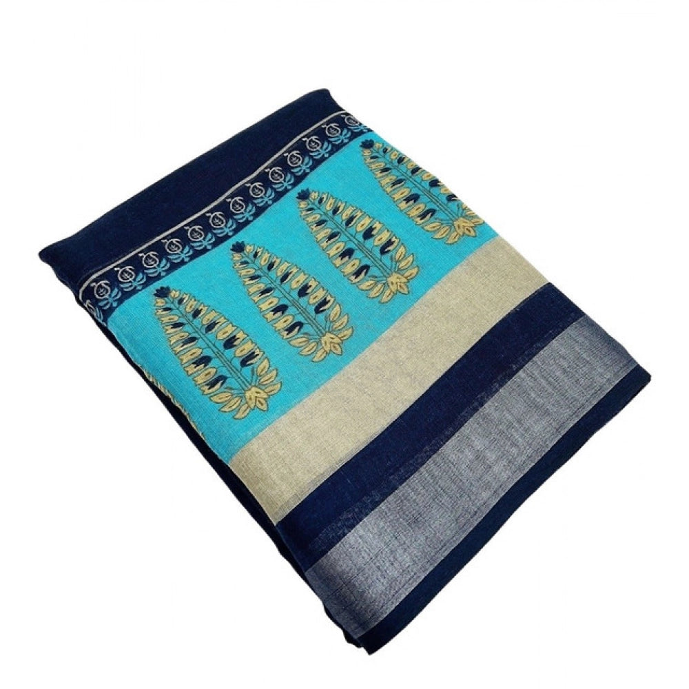 Amfyn Women's Cotton Linen Printed Saree With Unstitched Blouse 5.5Mtr (Blue)