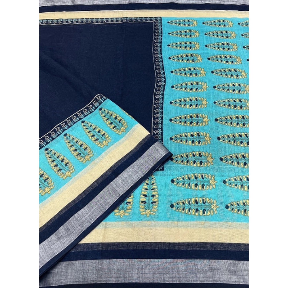 Amfyn Women's Cotton Linen Printed Saree With Unstitched Blouse 5.5Mtr (Blue)