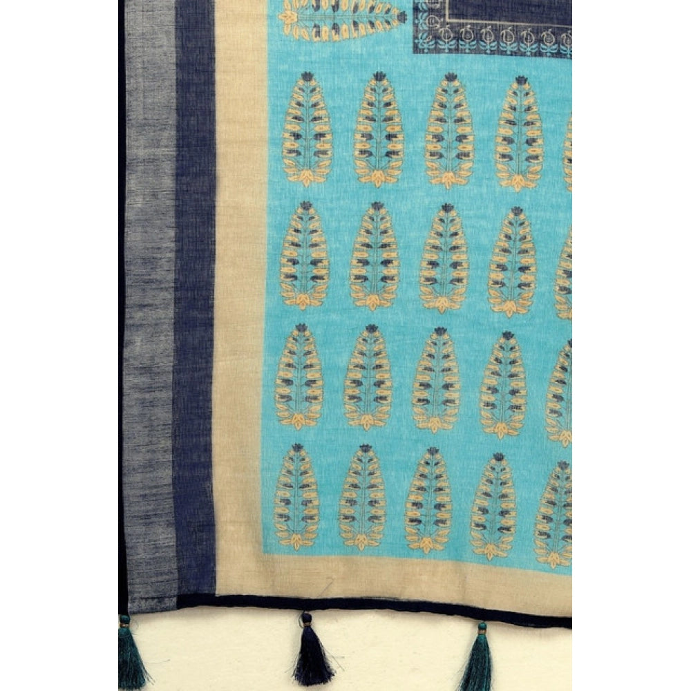 Amfyn Women's Cotton Linen Printed Saree With Unstitched Blouse 5.5Mtr (Blue)