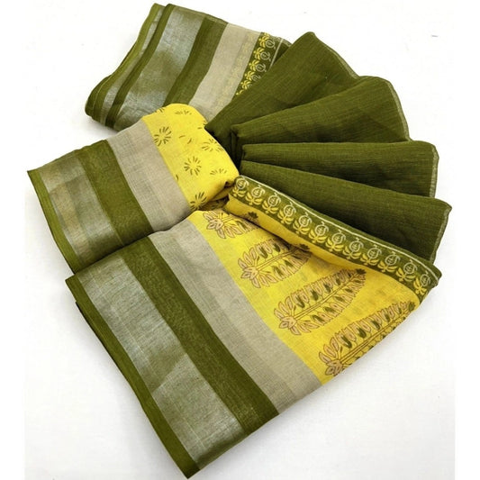 Amfyn Women's Cotton Linen Printed Saree With Unstitched Blouse 5.5Mtr (Green)