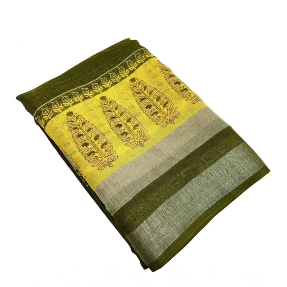 Amfyn Women's Cotton Linen Printed Saree With Unstitched Blouse 5.5Mtr (Green)