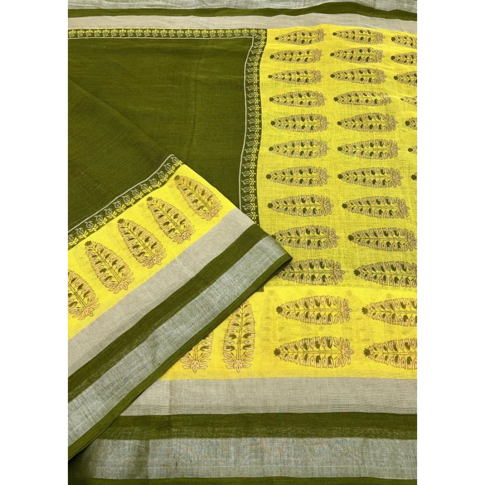 Amfyn Women's Cotton Linen Printed Saree With Unstitched Blouse 5.5Mtr (Green)