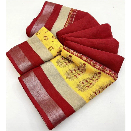 Amfyn Women's Cotton Linen Printed Saree With Unstitched Blouse 5.5Mtr (Red)