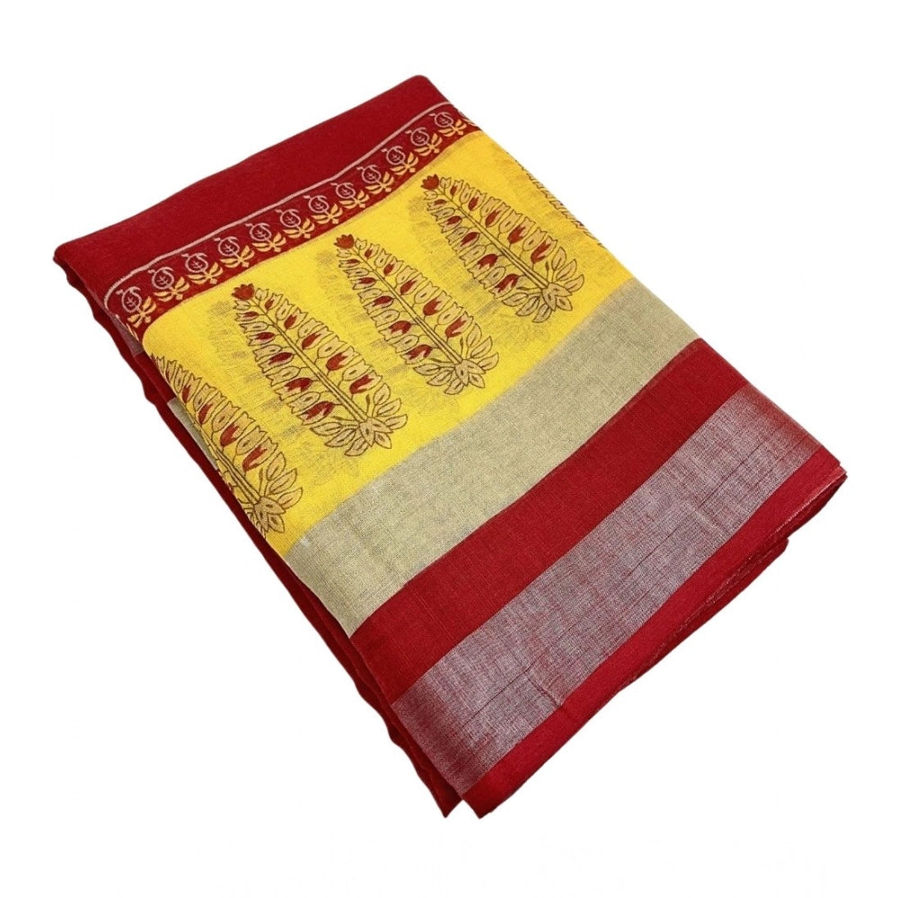 Amfyn Women's Cotton Linen Printed Saree With Unstitched Blouse 5.5Mtr (Red)