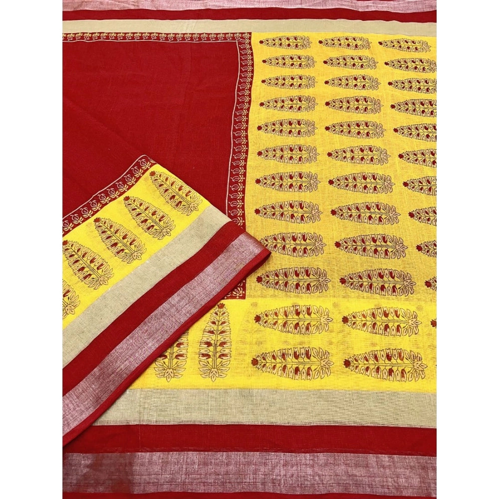Amfyn Women's Cotton Linen Printed Saree With Unstitched Blouse 5.5Mtr (Red)
