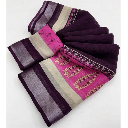 Amfyn Women's Cotton Linen Printed Saree With Unstitched Blouse 5.5Mtr (Wine)