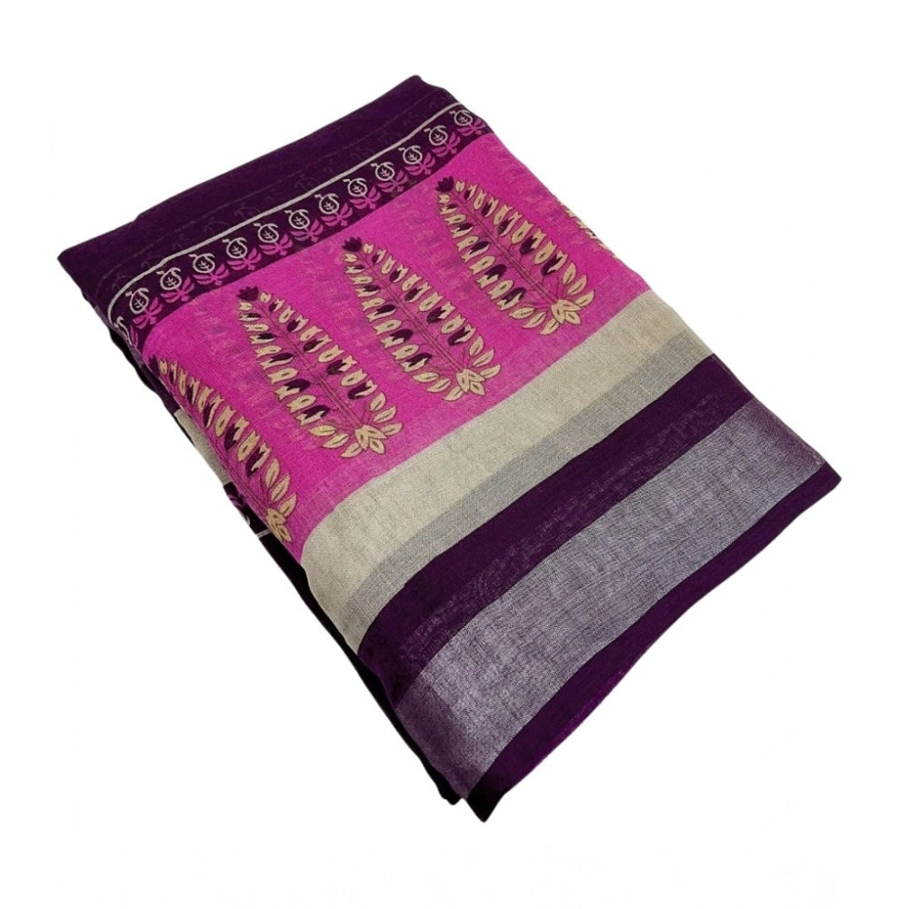 Amfyn Women's Cotton Linen Printed Saree With Unstitched Blouse 5.5Mtr (Wine)
