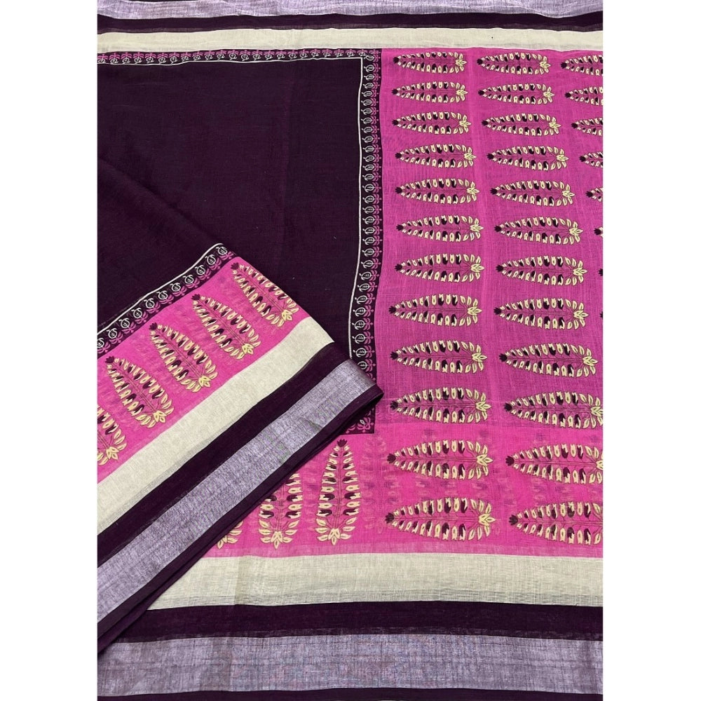 Amfyn Women's Cotton Linen Printed Saree With Unstitched Blouse 5.5Mtr (Wine)