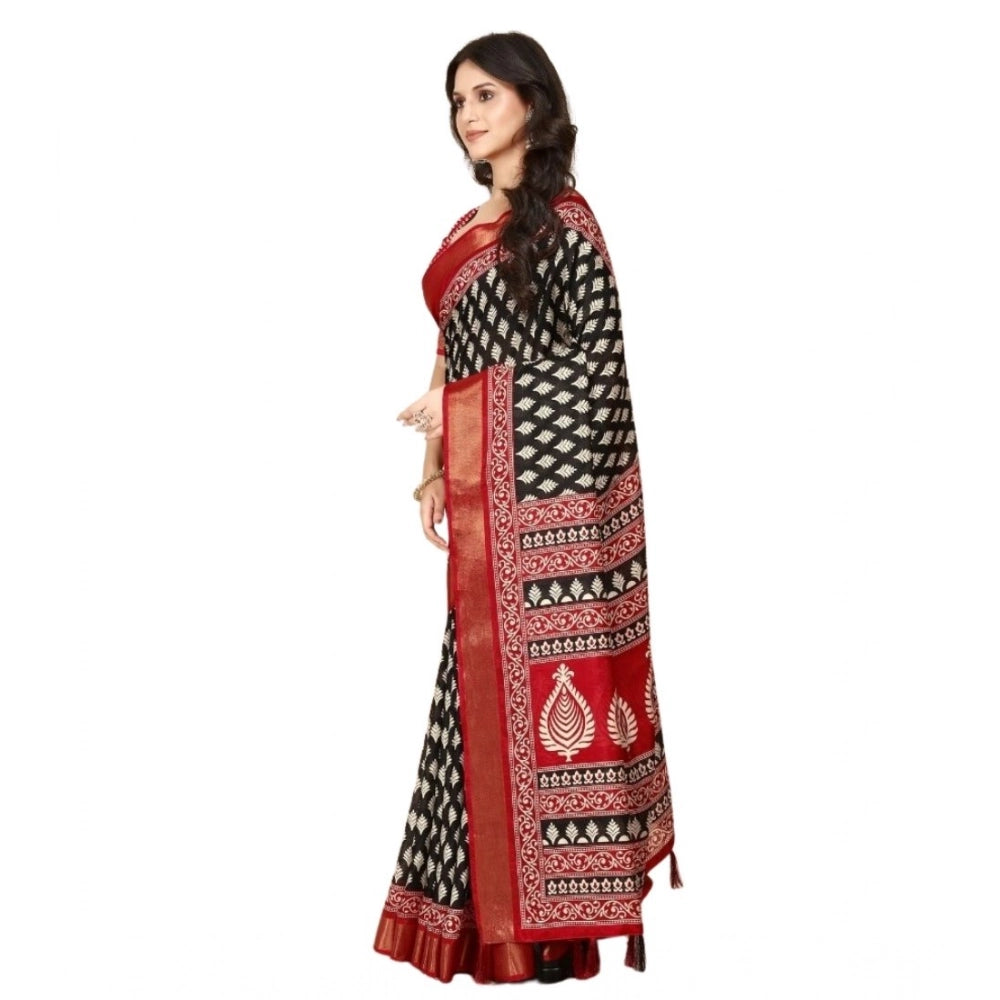 Amfyn Women's Cotton Silk Printed Saree With Unstitched Blouse 5.5Mtr (Black)