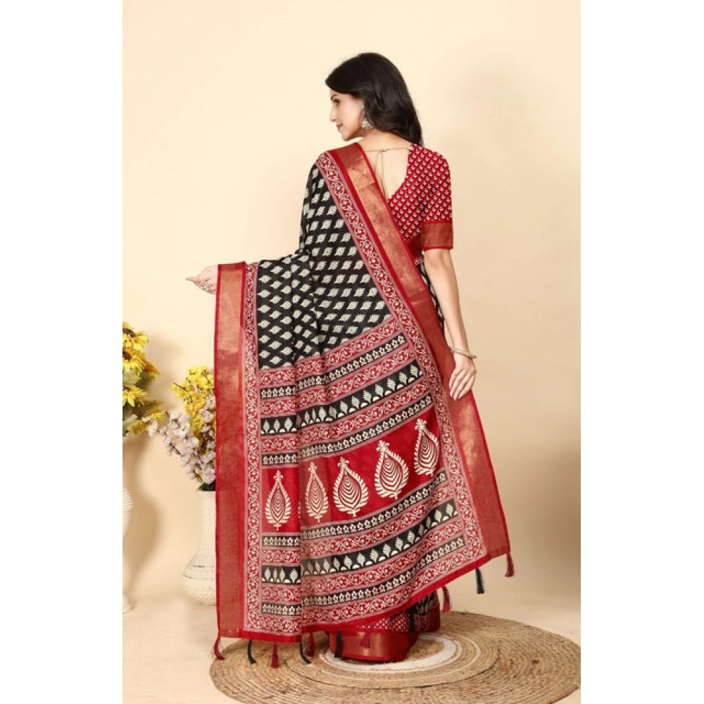 Amfyn Women's Cotton Silk Printed Saree With Unstitched Blouse 5.5Mtr (Black)