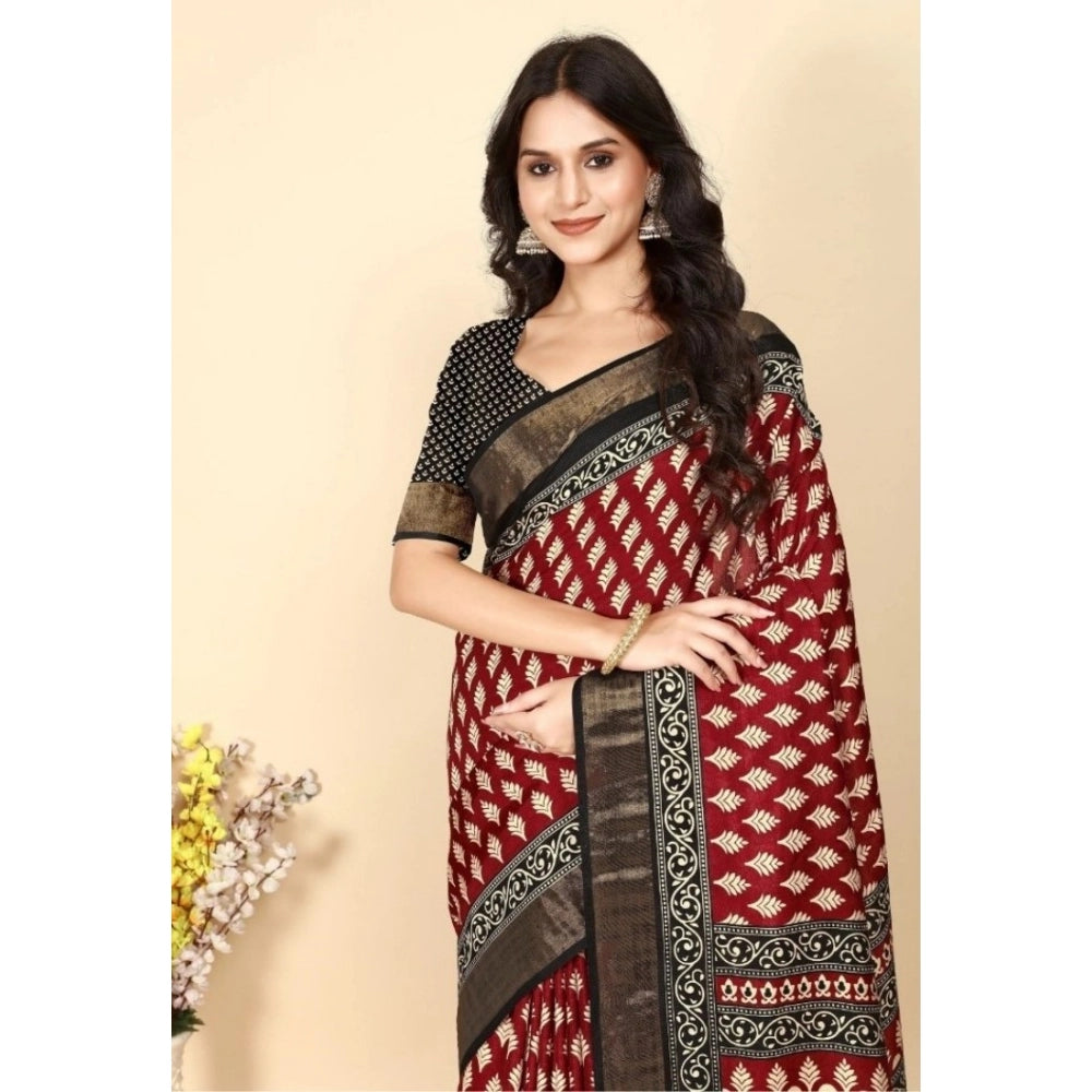 Amfyn Women's Cotton Silk Printed Saree With Unstitched Blouse 5.5Mtr (Red)