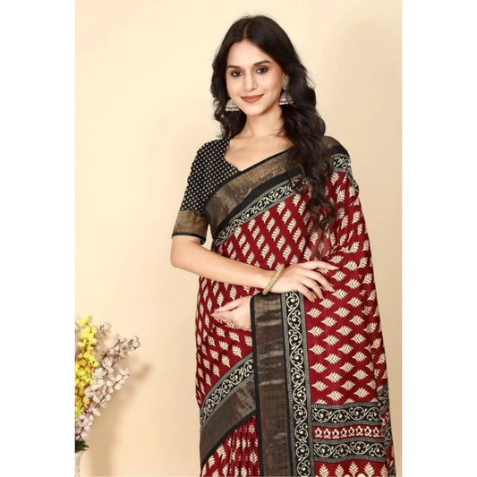 Amfyn Women's Cotton Silk Printed Saree With Unstitched Blouse 5.5Mtr (Red)