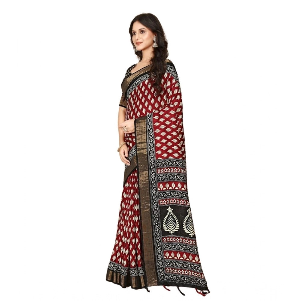 Amfyn Women's Cotton Silk Printed Saree With Unstitched Blouse 5.5Mtr (Red)