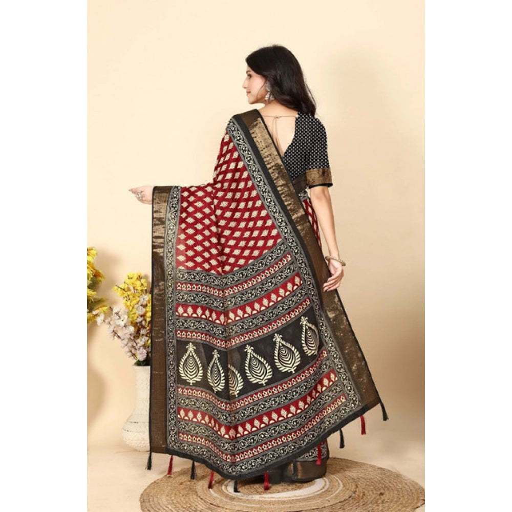 Amfyn Women's Cotton Silk Printed Saree With Unstitched Blouse 5.5Mtr (Red)