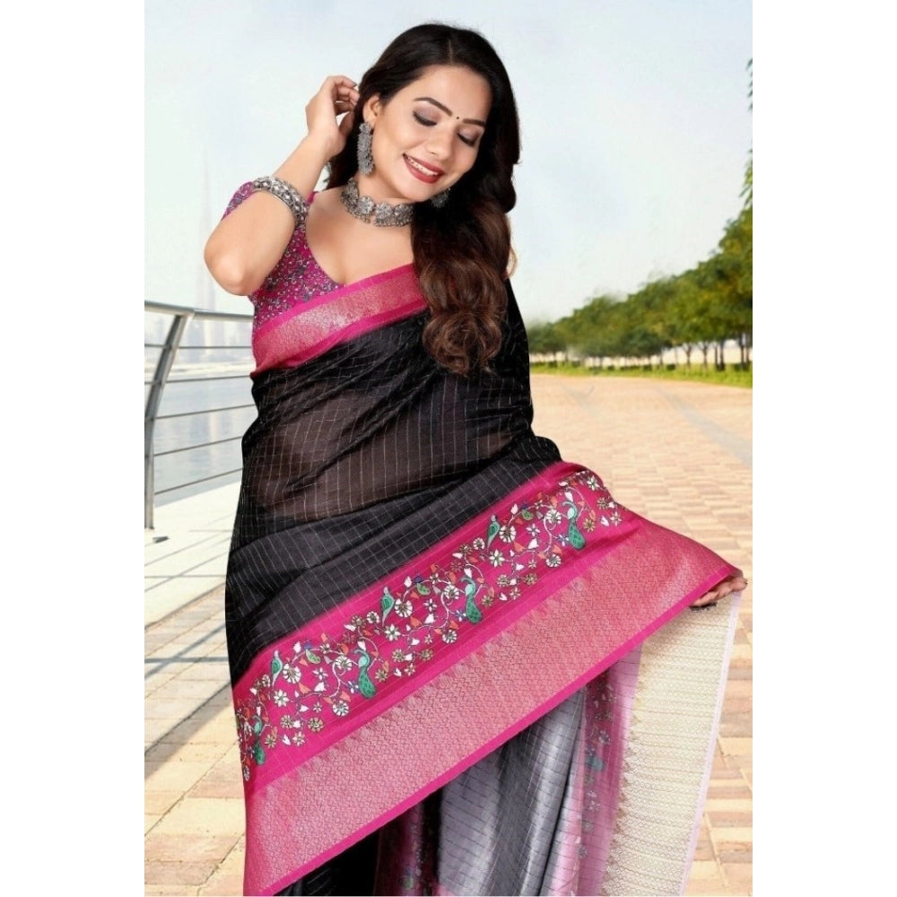 Amfyn Women's Cotton Silk Printed Saree With Unstitched Blouse 5.5Mtr (Black-Pink)