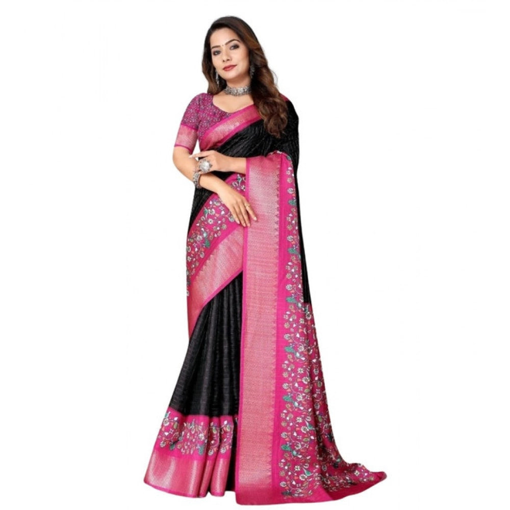 Amfyn Women's Cotton Silk Printed Saree With Unstitched Blouse 5.5Mtr (Black-Pink)