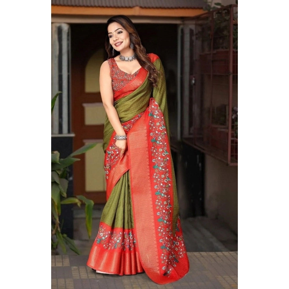 Amfyn Women's Cotton Silk Printed Saree With Unstitched Blouse 5.5Mtr (Green-Red)