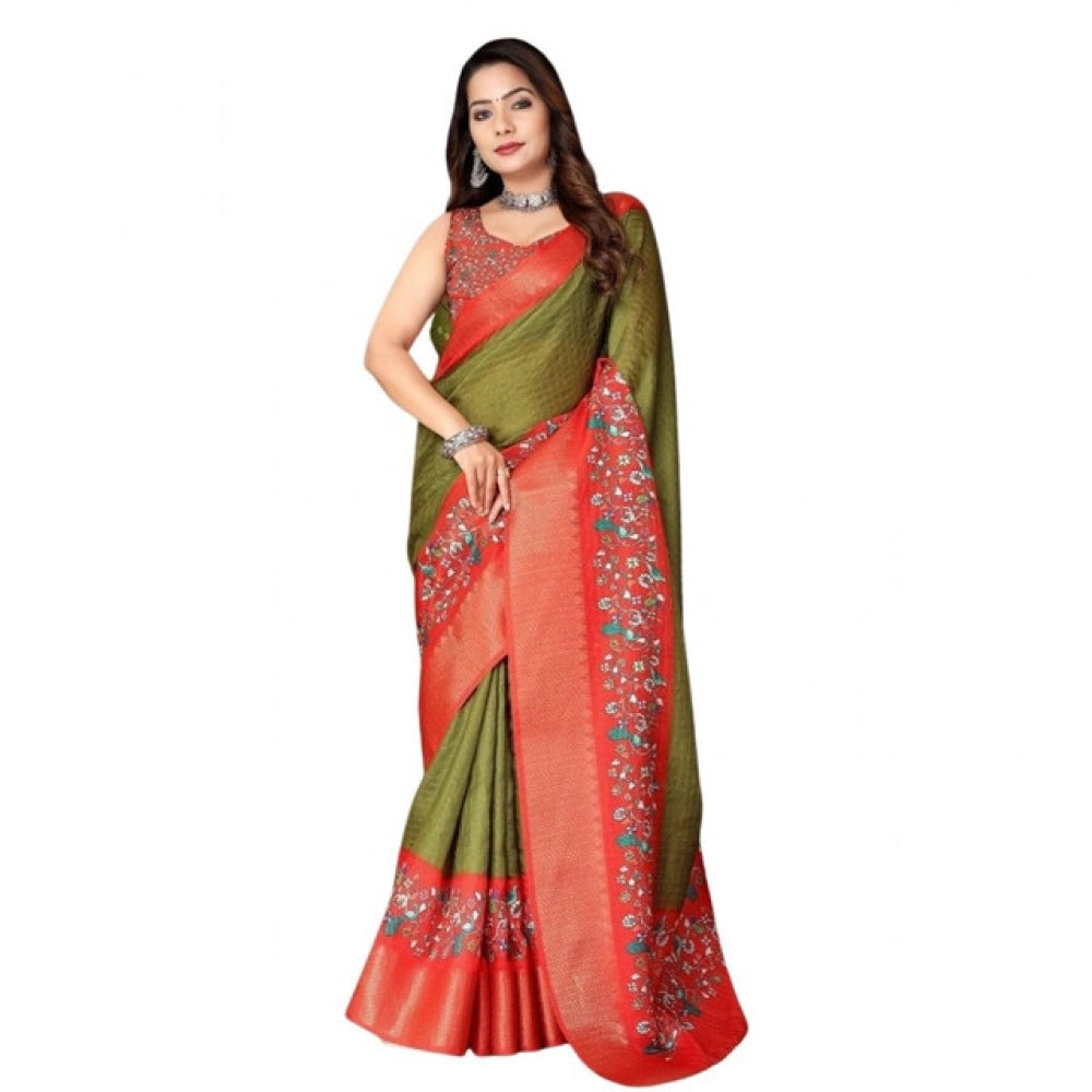 Amfyn Women's Cotton Silk Printed Saree With Unstitched Blouse 5.5Mtr (Green-Red)