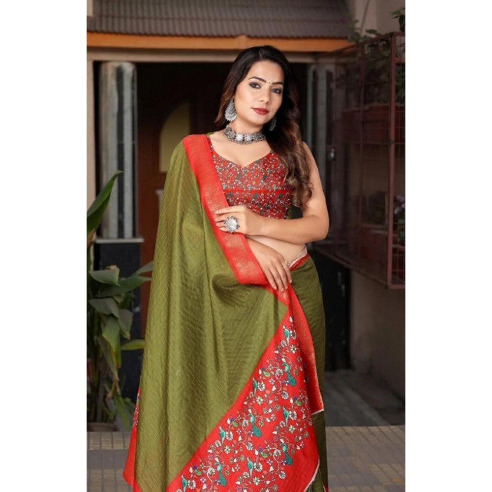 Amfyn Women's Cotton Silk Printed Saree With Unstitched Blouse 5.5Mtr (Green-Red)